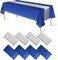 8 Pack Blue and Silver Tablecloth Set - 4 Disposable Plastic Dot Tablecloths & 4 Silver Satin Table Runners - 54" x 108" Navy & Foil Decor for Wedding, Birthday & Baby Shower
